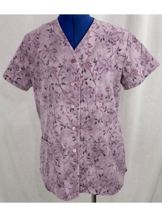 Life Style Tops - Cottage Core Scrub Top Women S Purple Leaf Whimsical Print Medical Button Up VTG